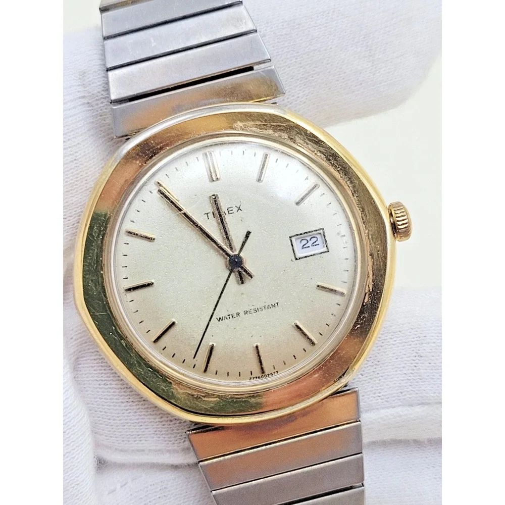 Vintage Timex Water Resistant Watch Mens Date Two Tone Expansion Band PARTS ONLY